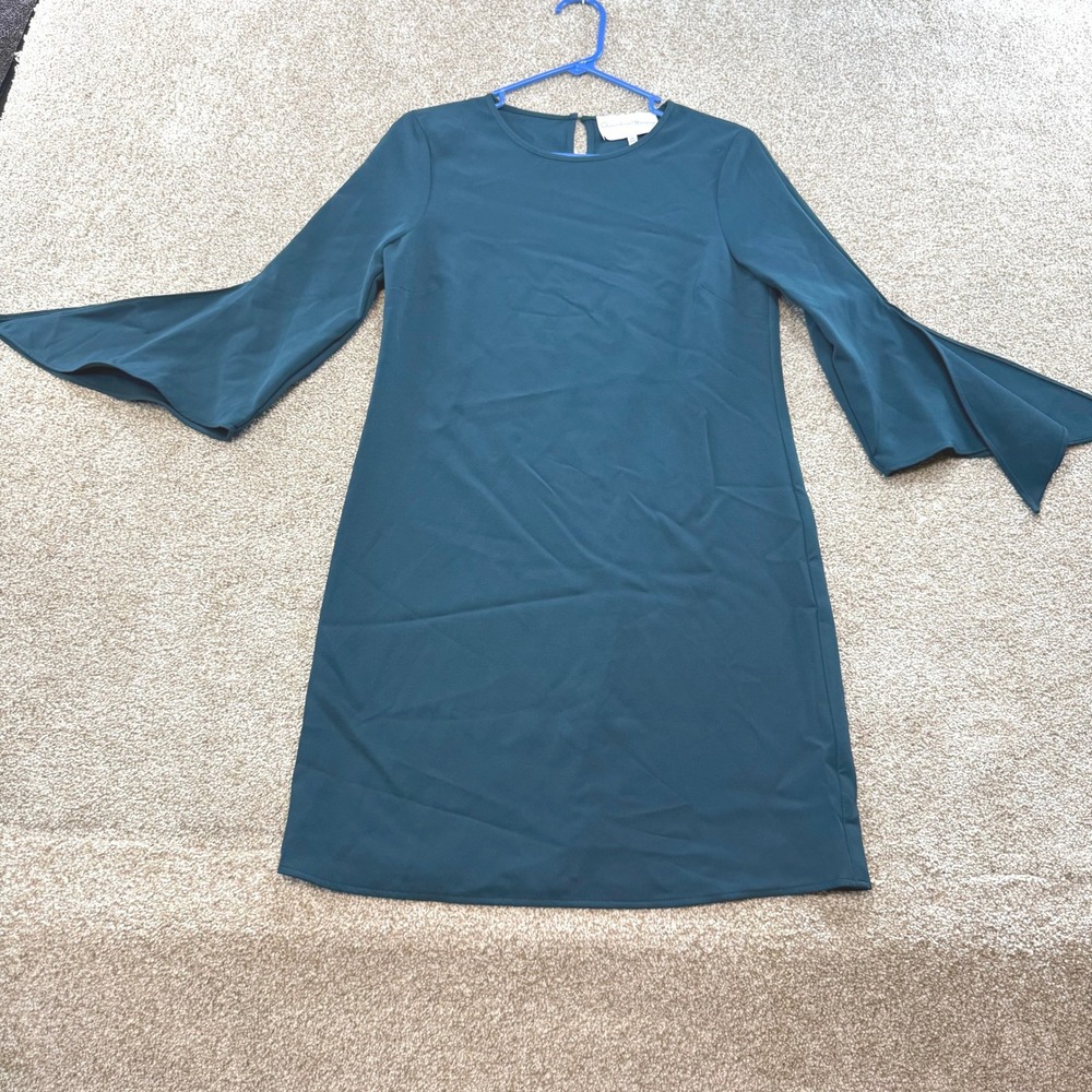 Charles Henry Womens XS Dark Teal Bell Sleeve Tie Split Shift Dress Cocktail Mod